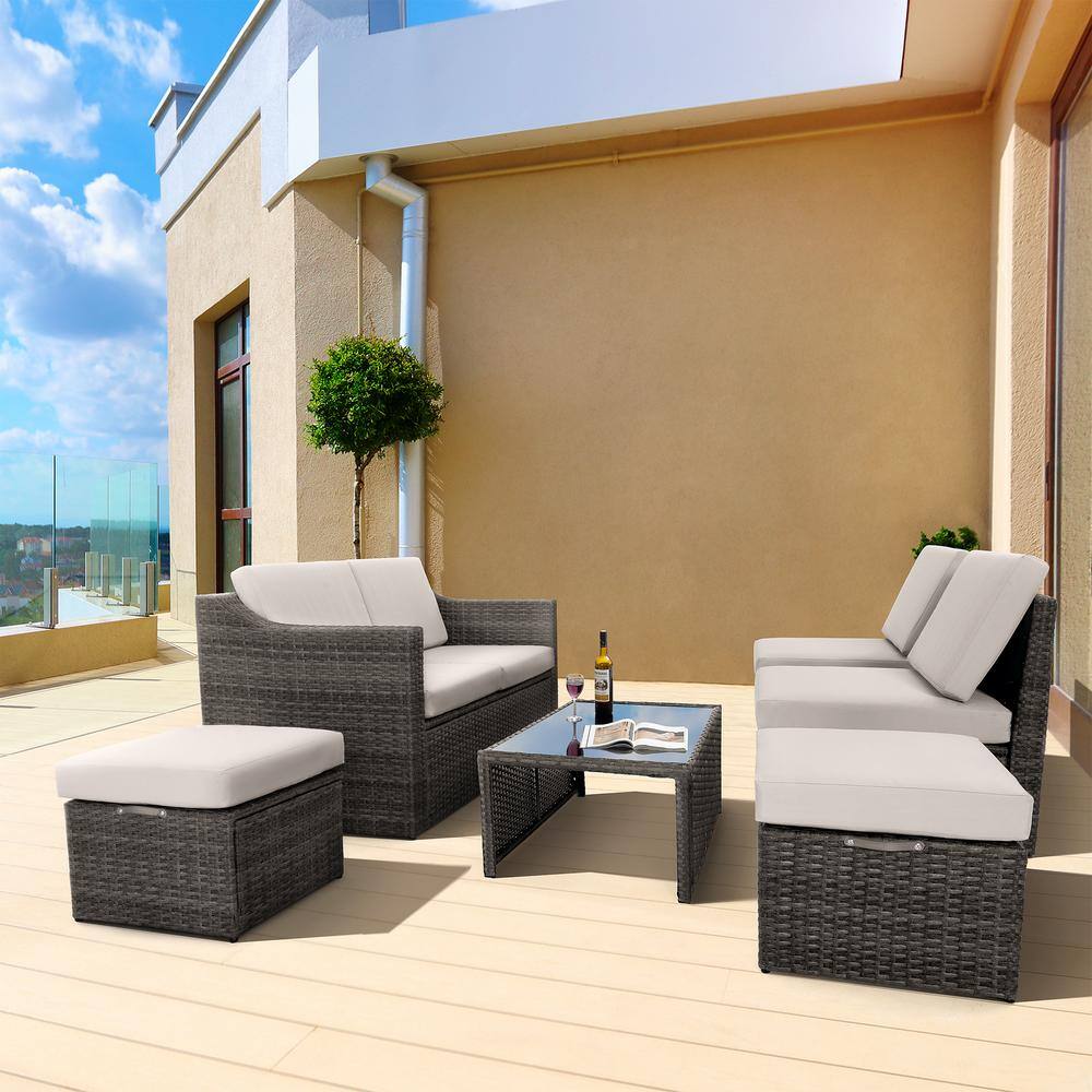 None 6-Piece Wicker Patio Conversation Set with Beige Cushions