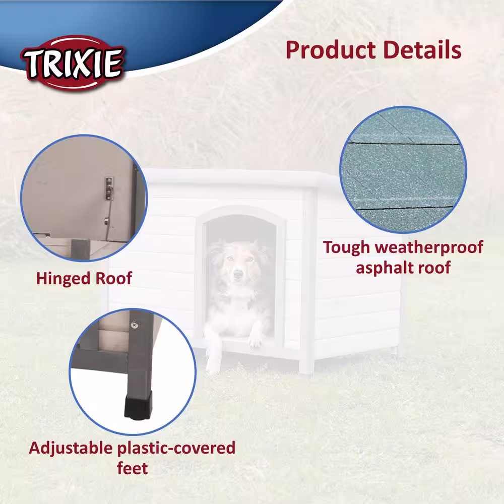 TRIXIE natura Classic Dog House, Flat Hinged Roof, Adjustable Legs, Gray, Medium