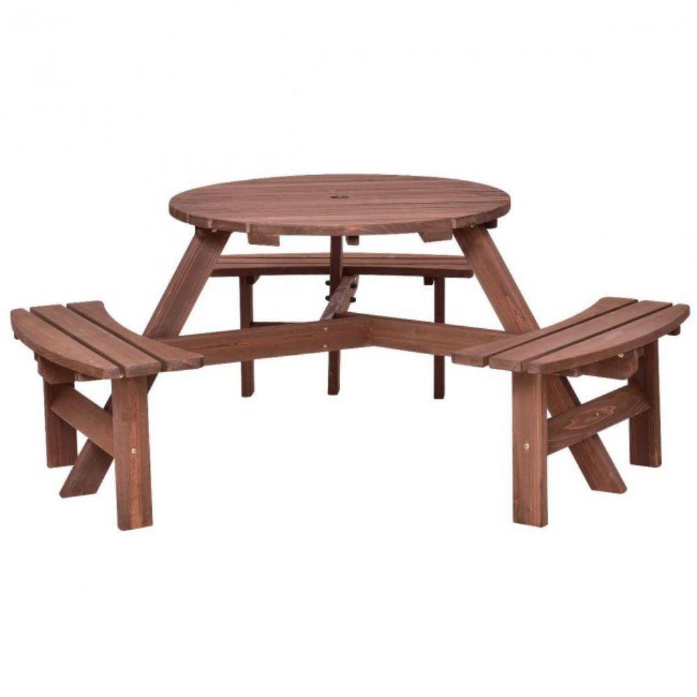 Alpulon 6-Person Patio Wood Picnic Table Beer Bench Set with Umbrella Hole