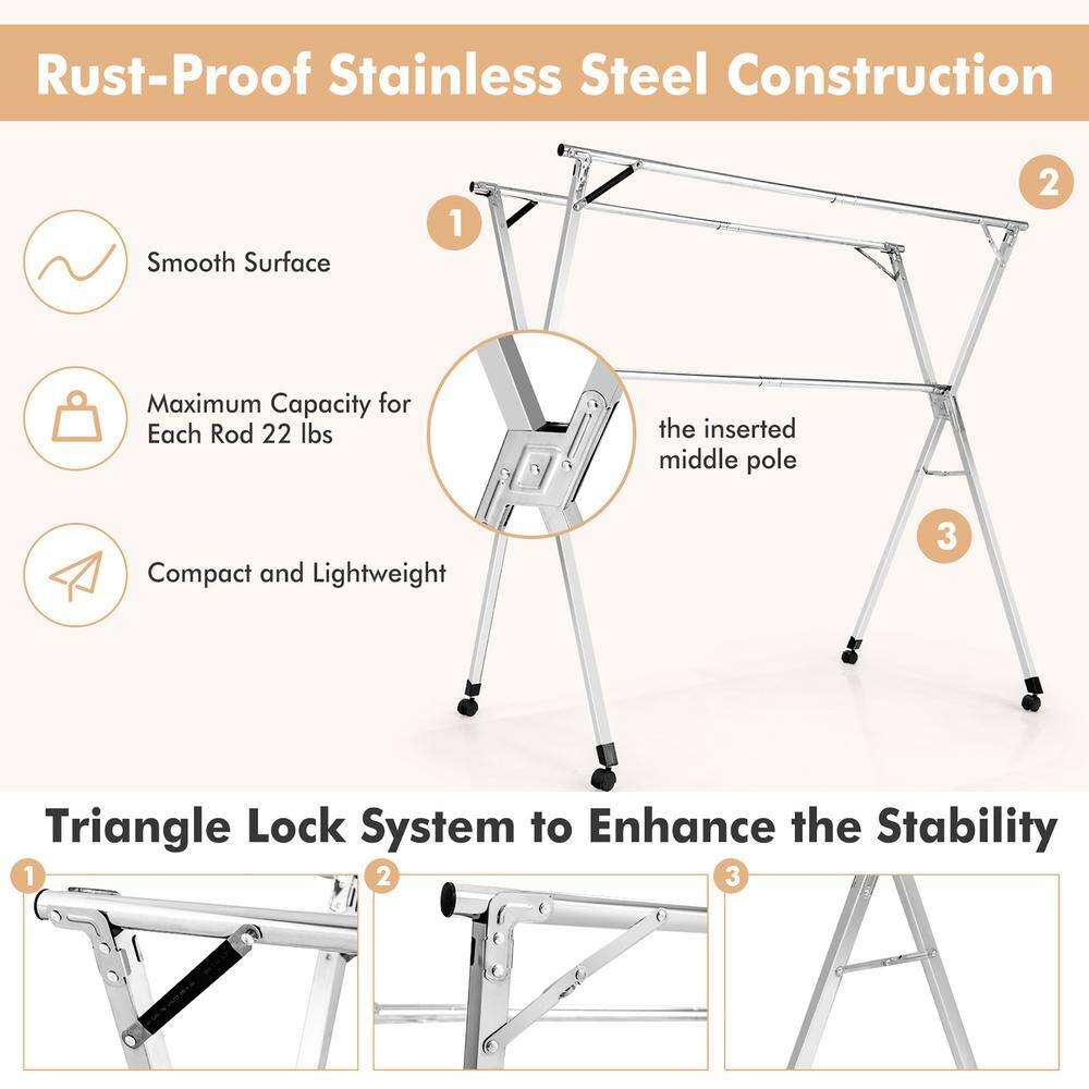 Costway Silver Stainless Steel Drying Clothes Rack Garment Rack Adjustable & Foldable w/Wheels 60 in. W x 54 in. H