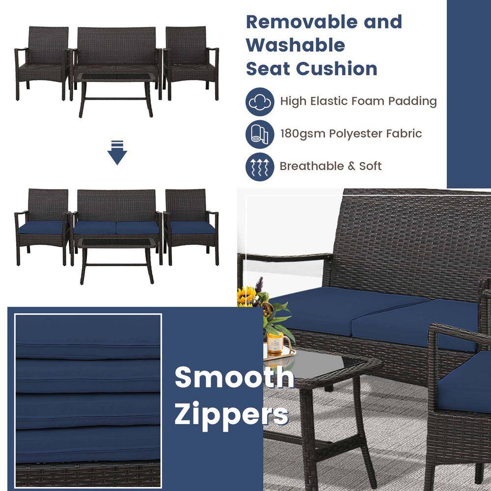 Costway 4-Piece Wicker Patio Conversation Set Rattan Furniture Sofa Armrest Coffee Table with Navy Cushions