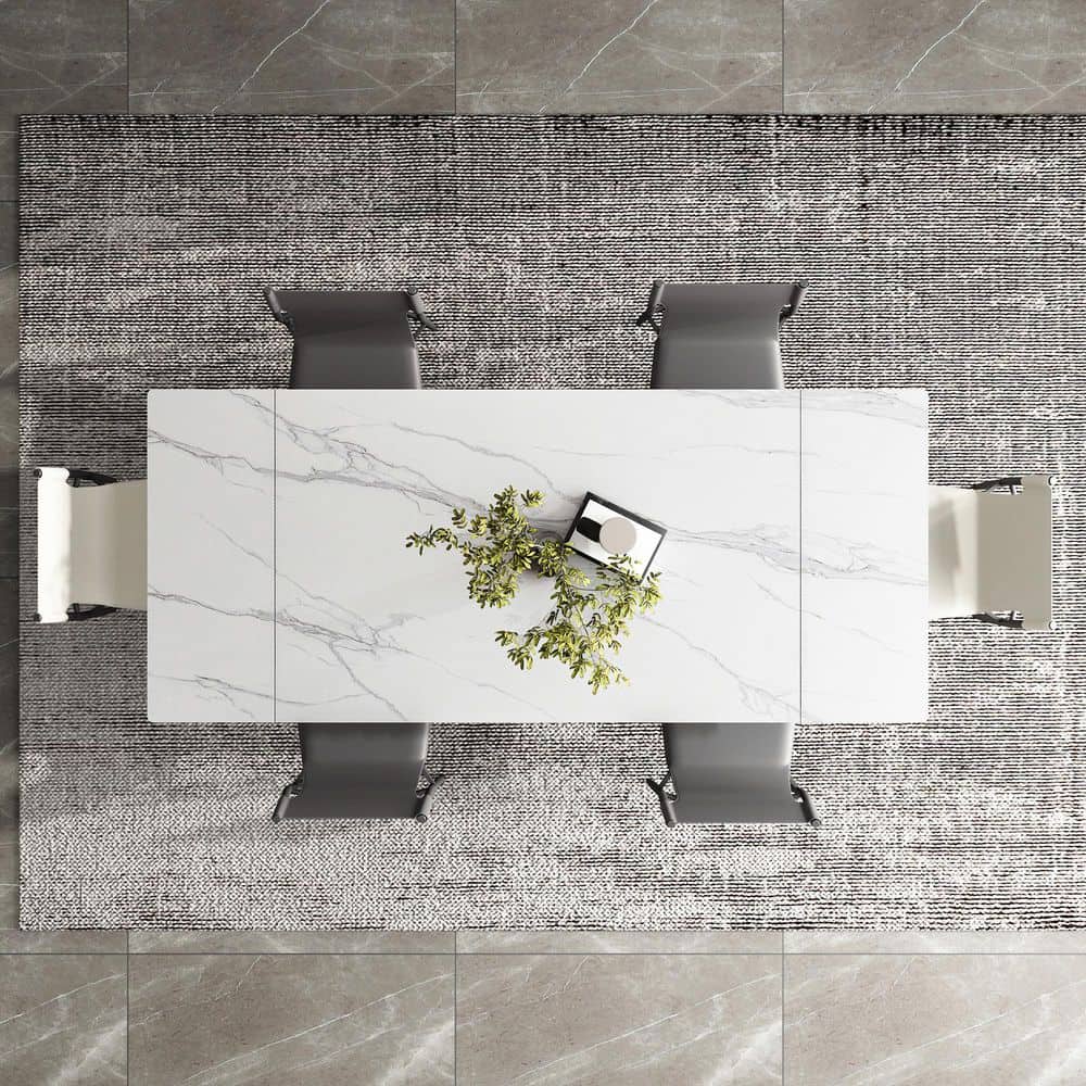 None 62.9 in. to 94.4 in. Rectangle White Stone Extendable Dining Table