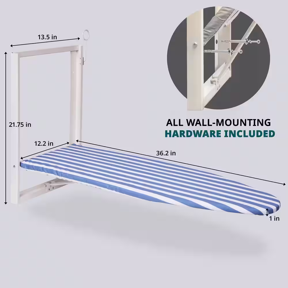 Ivation Ironing Board, Wall Mount Iron Board Holder and Ironing Board Cover, White