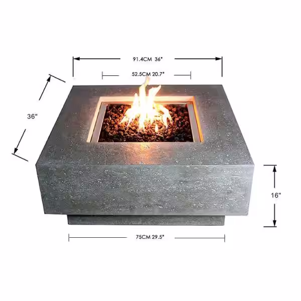 Elementi Manhattan 36 in. x 16 in. Square Concrete Natural Gas Fire Pit Table in Light Gray