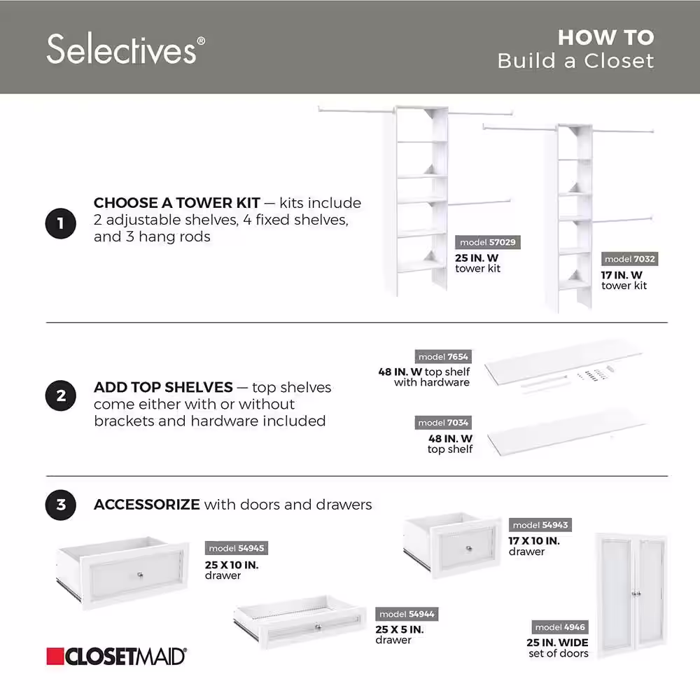 ClosetMaid Selectives 85 in. W x 121 in. W White Basic Standard Wood Closet System Kit with Top Shelves