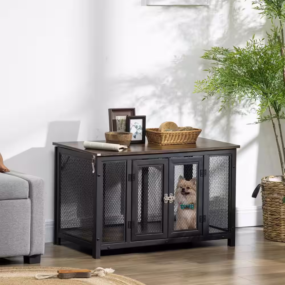 PawHut Dog Crate Furniture, Indoor Pet Crate End Table, Mesh Dog Kennels with Double Doors for Small and Medium Dogs, Brown