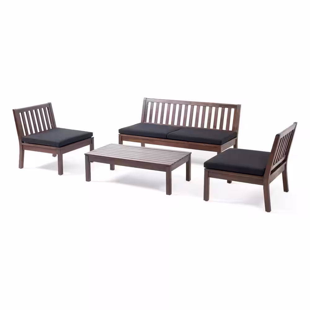 Noble House Caswell Dark Brown 4-Piece Wood Patio Conversation Seating Set with Black Cushions
