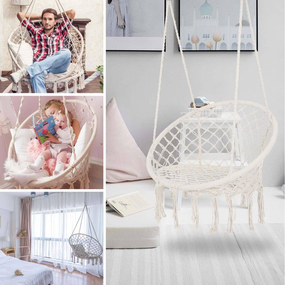 None 31.5 in. x 23.6 in. Beige Cotton Hanging Cotton Rope Hammock Swing Chair for Outdoor