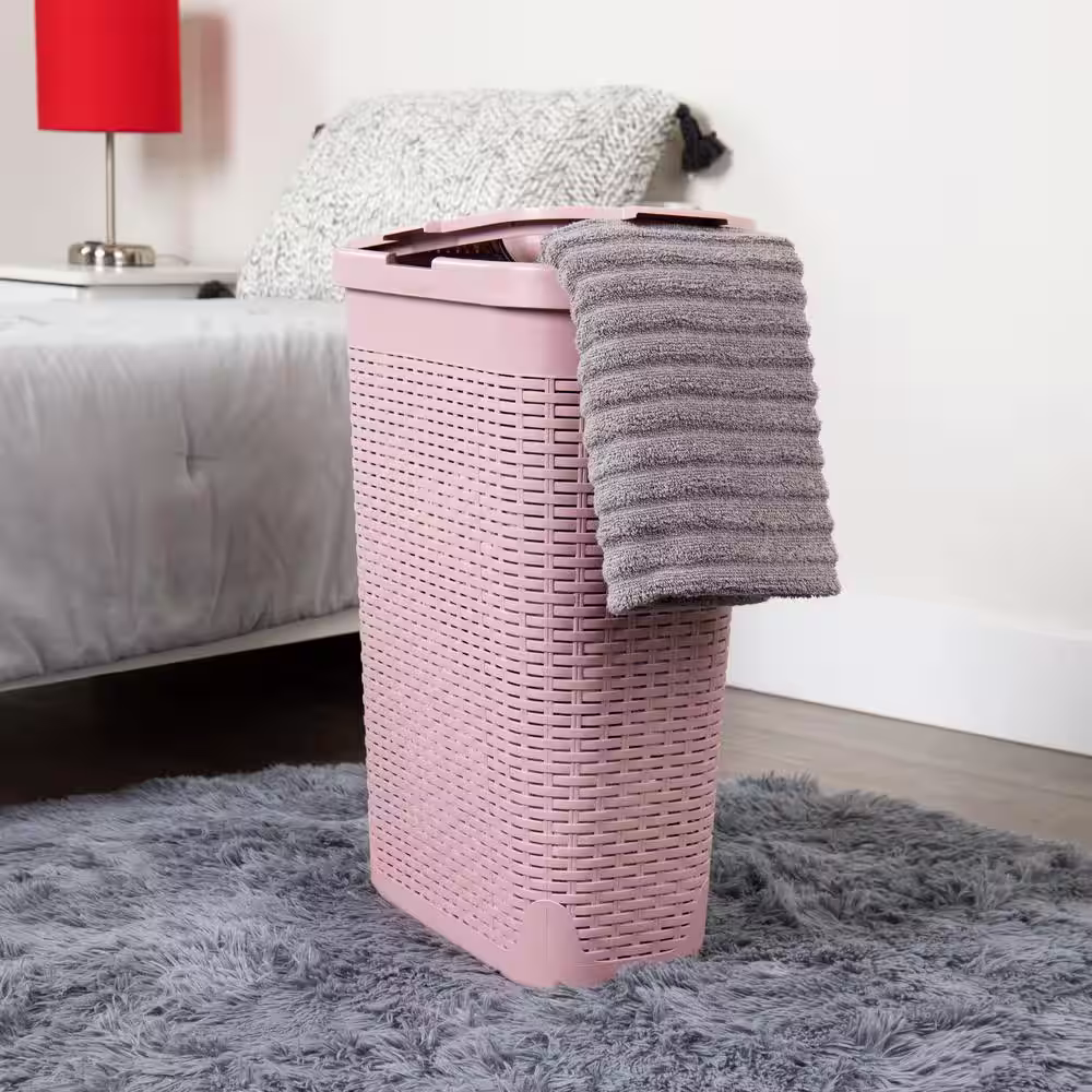 Mind Reader Basket Collection, Slim Laundry Hamper, 40 Liter (15kg/33lbs) Capacity, Cut Out Handles, Attached Hinged Lid, Pink