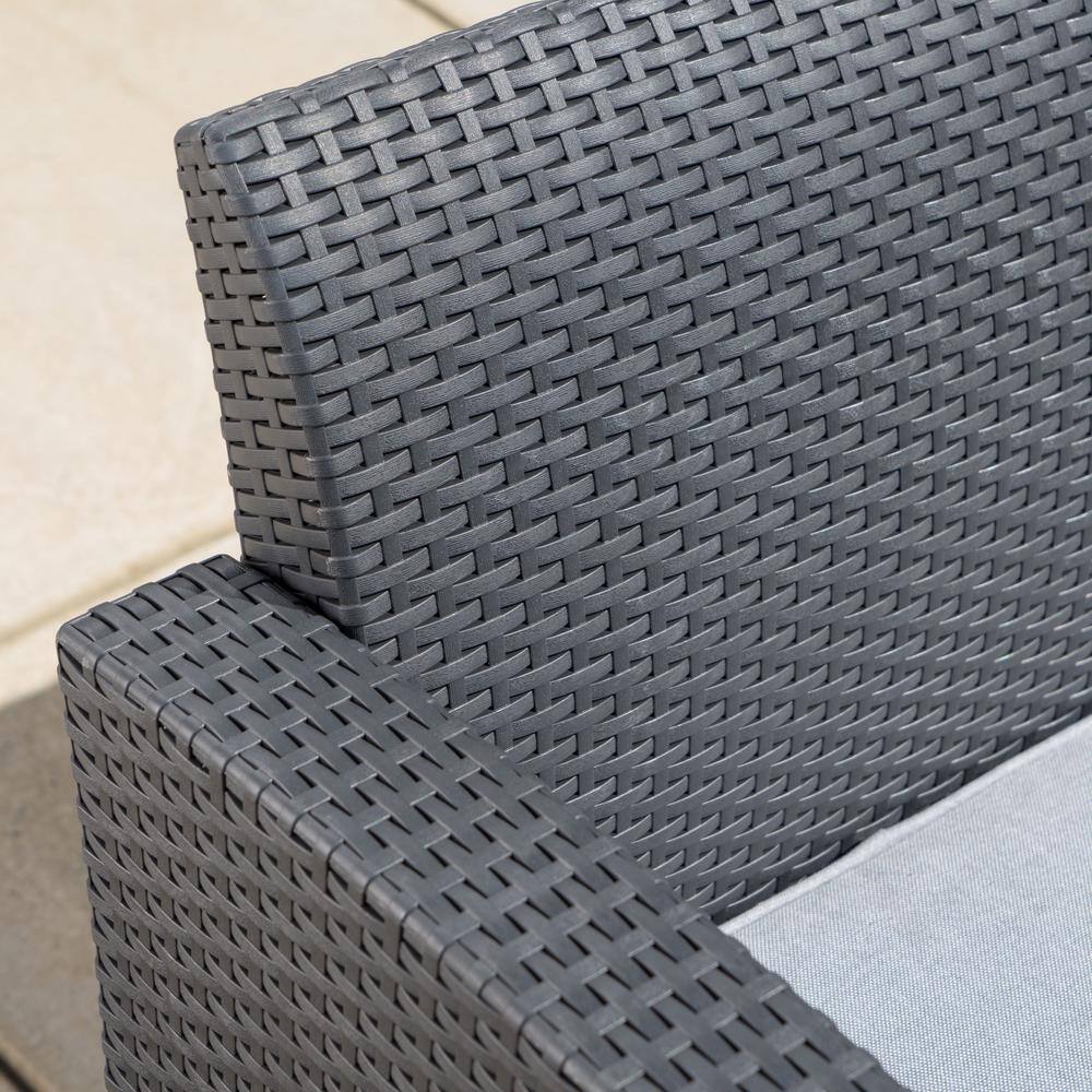 Noble House Charcoal 4-Piece Faux Wicker Patio Conversation Set with Light Gray Cushions