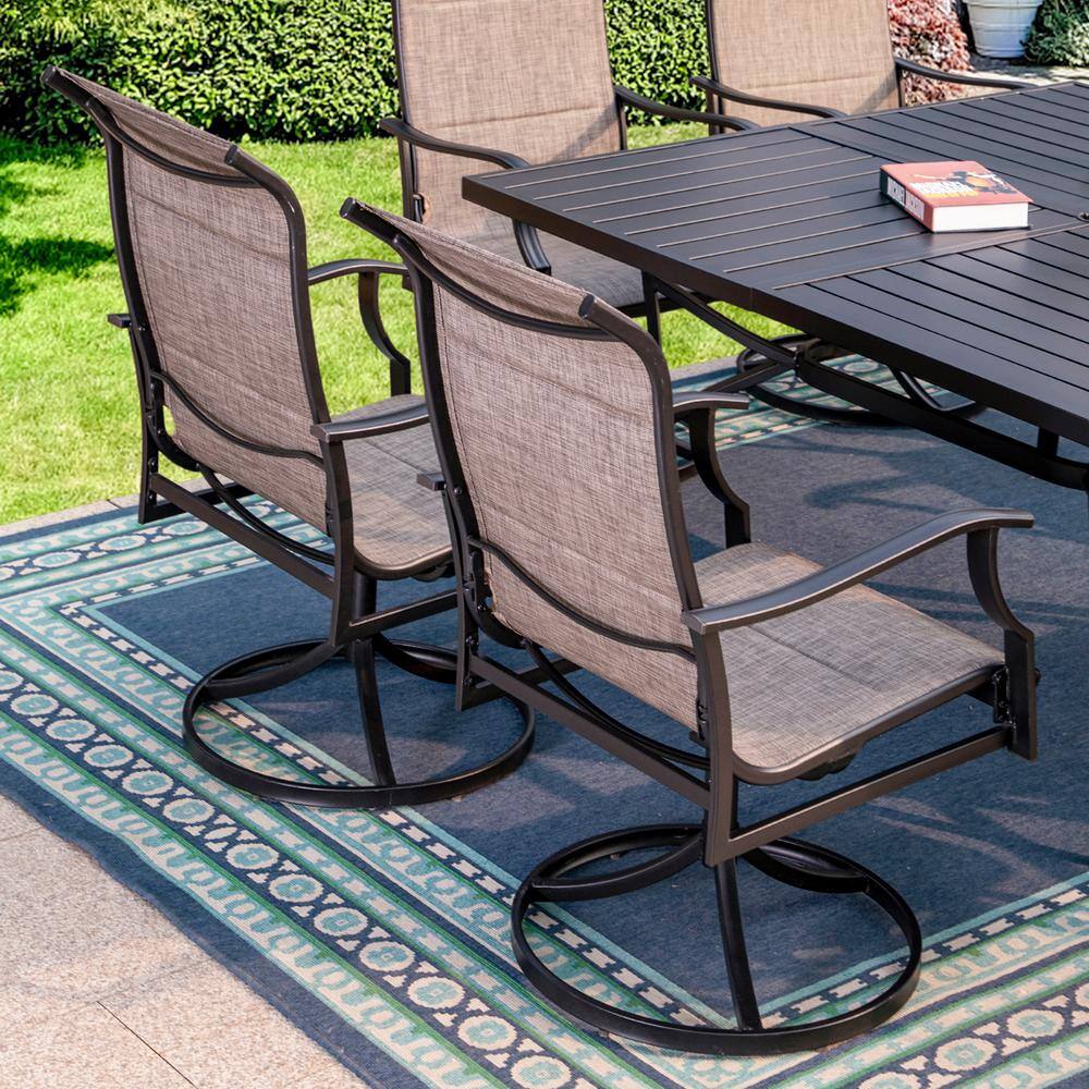 None Black 9-Piece Metal Outdoor Patio Dining Set with Slat Square Table and Padded Textilene Swivel Chairs