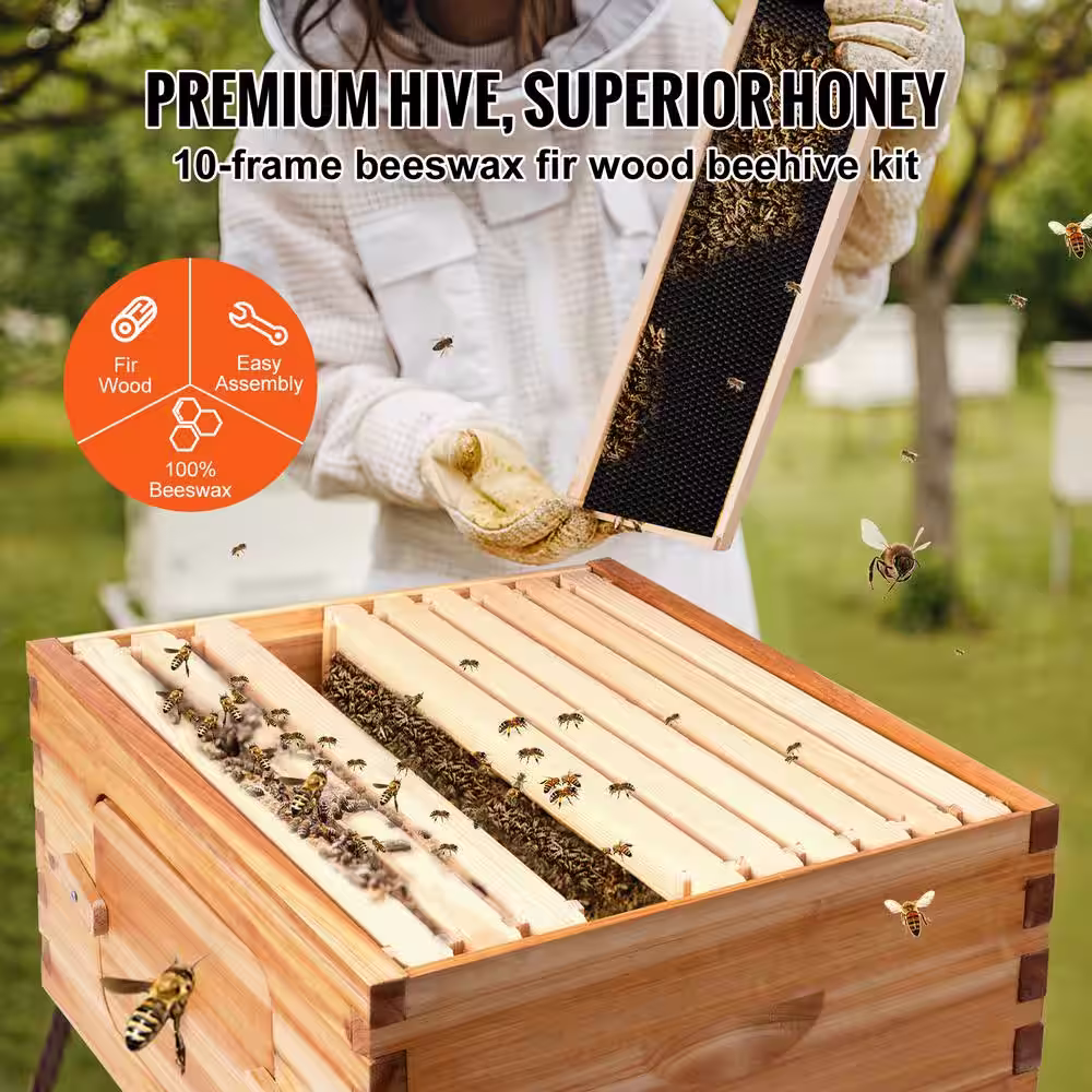 VEVOR Bee Hive 10-Frame Complete Beehive Kit 100% Beeswax Natural Wood Includes 1 Deep Box with 10 Wooden Frames and Waxed