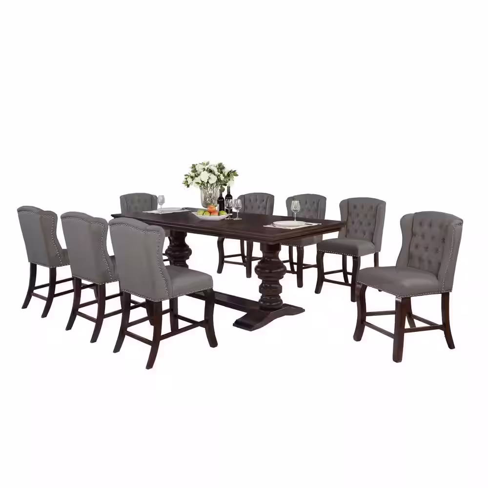 Best Quality Furniture Luisa 9-Piece Rectangular Wood Cappuccino Dining Table Set Gray Linen Fabric Chairs