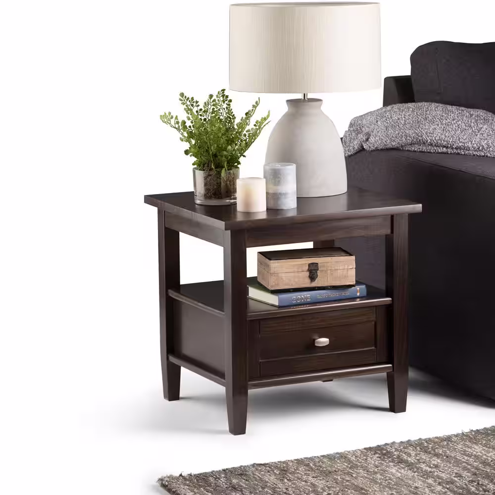 Simpli Home Warm Shaker Solid Wood 20 in. Wide Rectangle Transitional End Side Table in Tobacco Brown