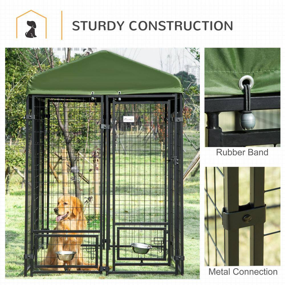 PawHut 0.0007-Acre Black Steel In-Ground Dog Fence Dog Kennel with Canopy, Rotating Bowl Holders