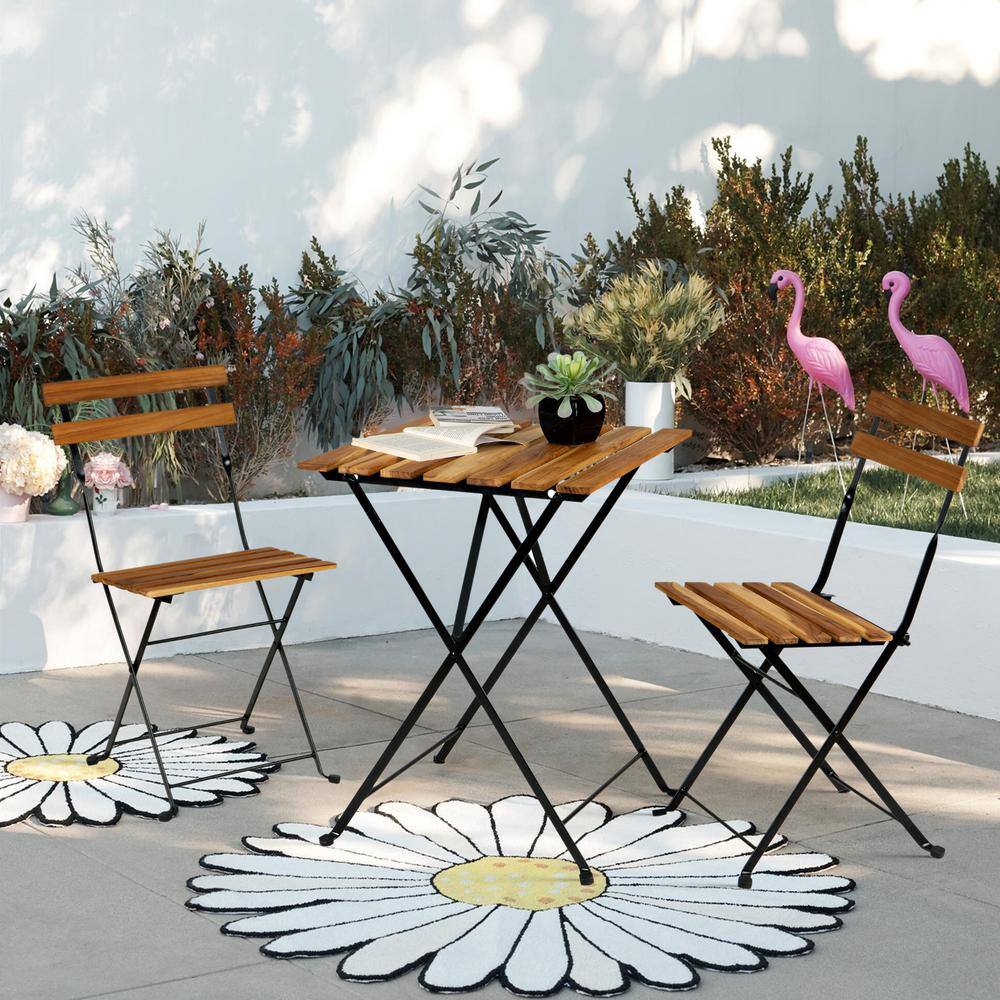 ANGELES HOME 3-Piece Wood Outdoor Folding Bistro Set with Navy Cushion