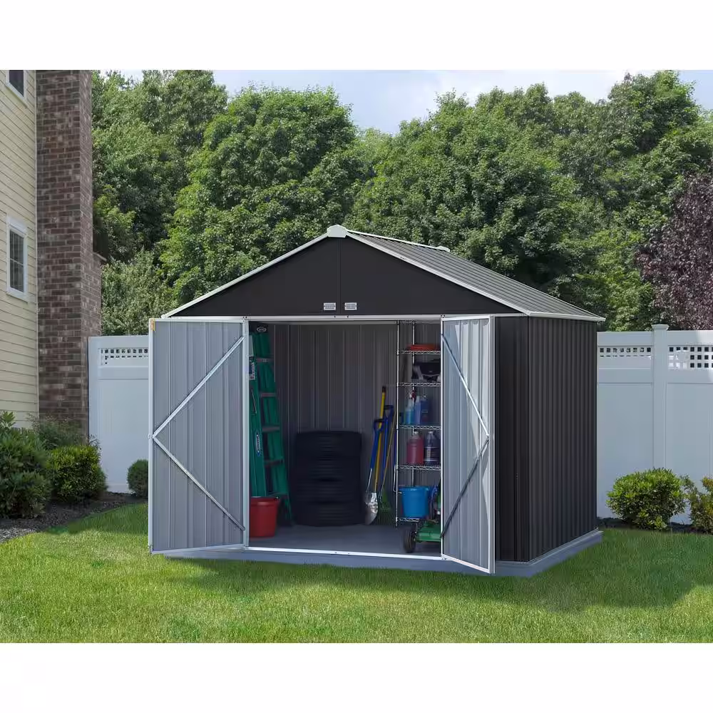 Arrow 10 ft. W x 8 ft. H x 8 ft. D EZEE Extra-High Galvanized Steel Gable Shed in Charcoal/Cream with Snap-IT Quick Assembly