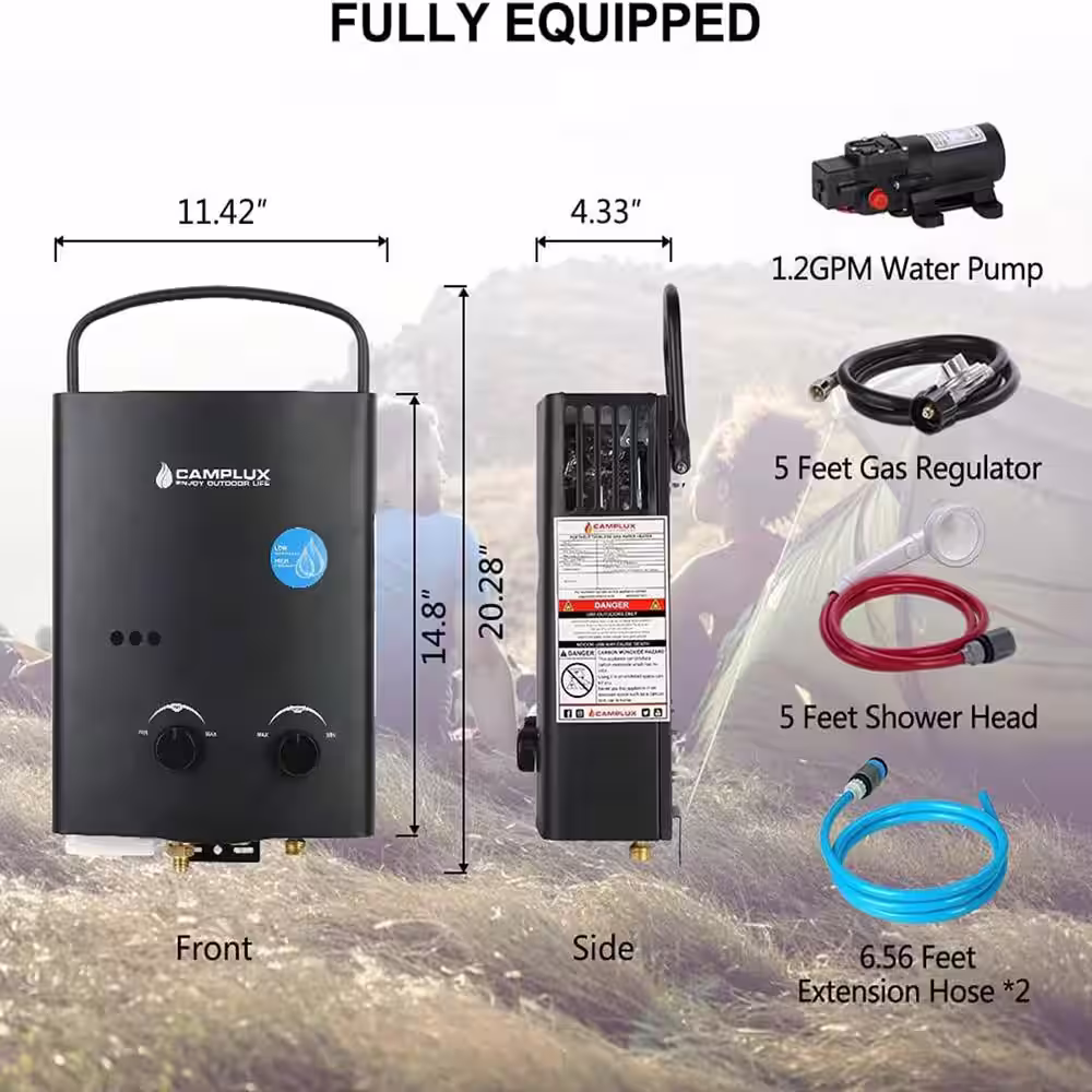 CAMPLUX ENJOY OUTDOOR LIFE Camplux 5 L 1.32 GPM Outdoor Portable Propane Gas Tankless Water Heater with 1.2 GPM Water Pump, Black