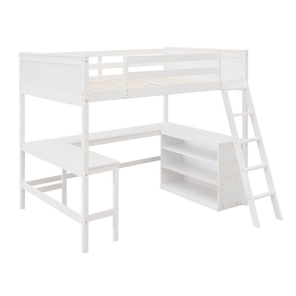 Qualler White Full size Loft Bed With Shelves and Desk