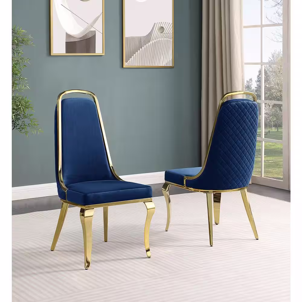 None Ricky's Navy Blue Velvet Fabric Gold Legs Dining Chairs Set of 2