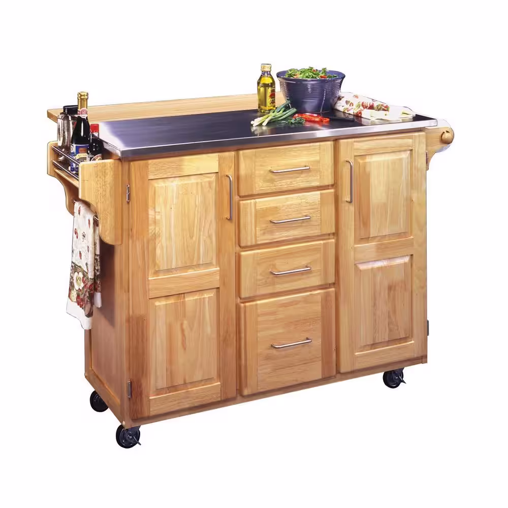 HOMESTYLES Natural Wood Kitchen Cart with Stainless Top and Breakfast Bar