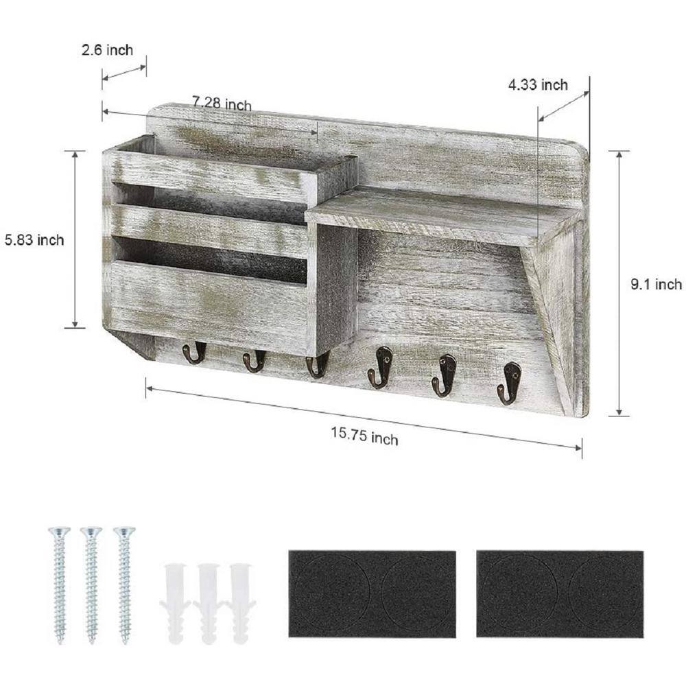 None Weathered Green Mail and Key Holder for Wall with 6-Key Hooks 1-Compartment Rustic Wall Mail Sorter with Shelf