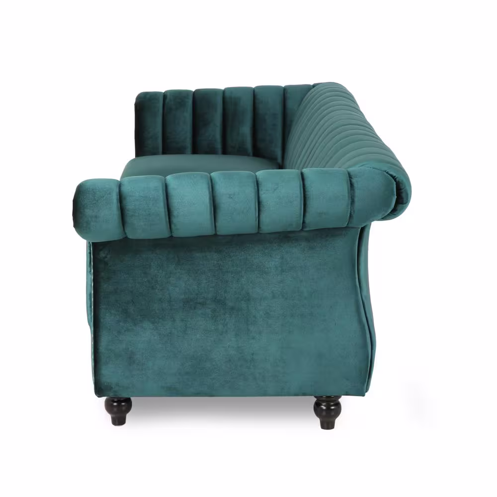 Noble House Bowie 84 in. Teal Solid Velvet 3-Seat Chesterfield Sofa with Nailhead