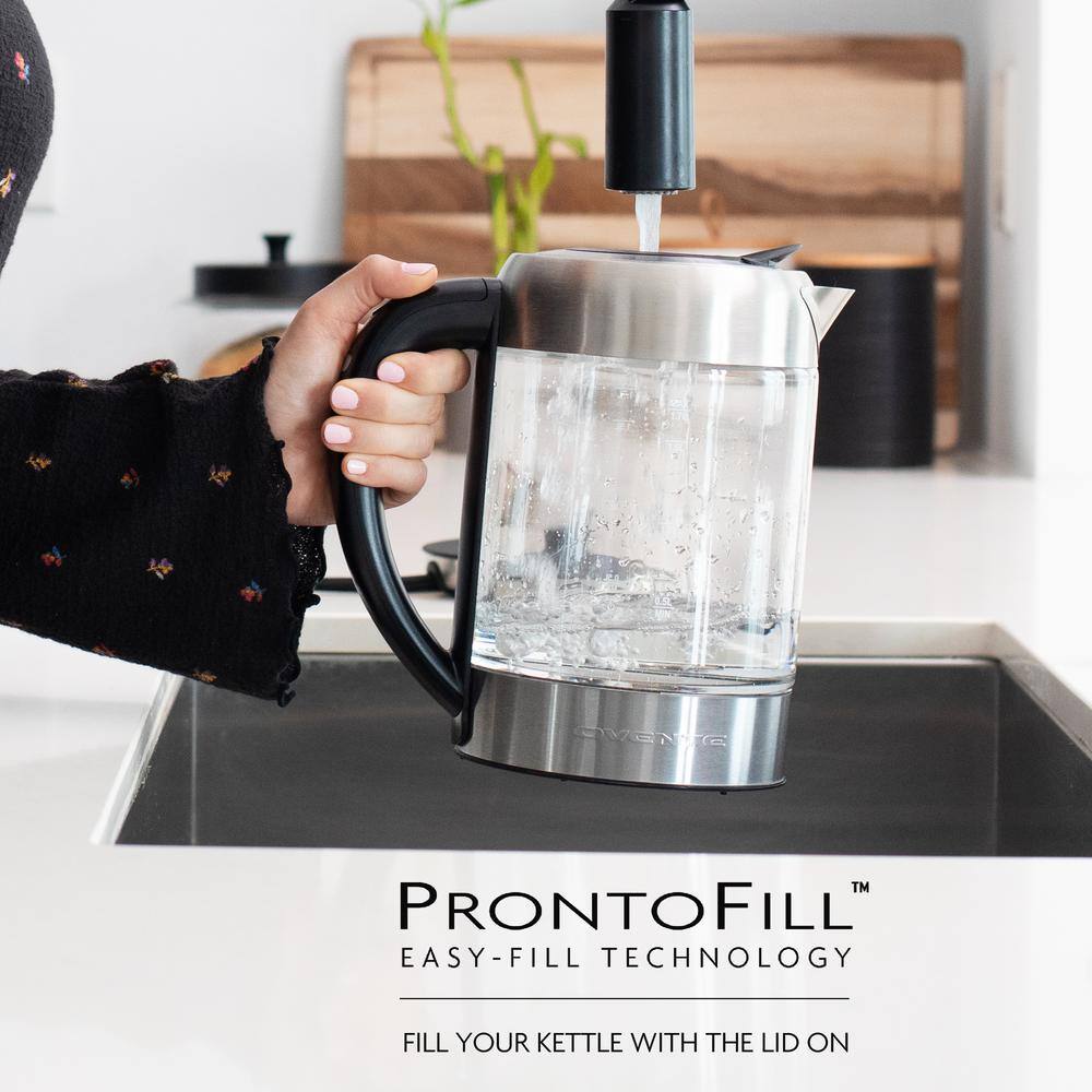 OVENTE 7-Cup 1.7 l Silver Glass Electric Kettle with ProntoFill Technology-Fill Up with Lid On Glass Reusable Teapot Infuser