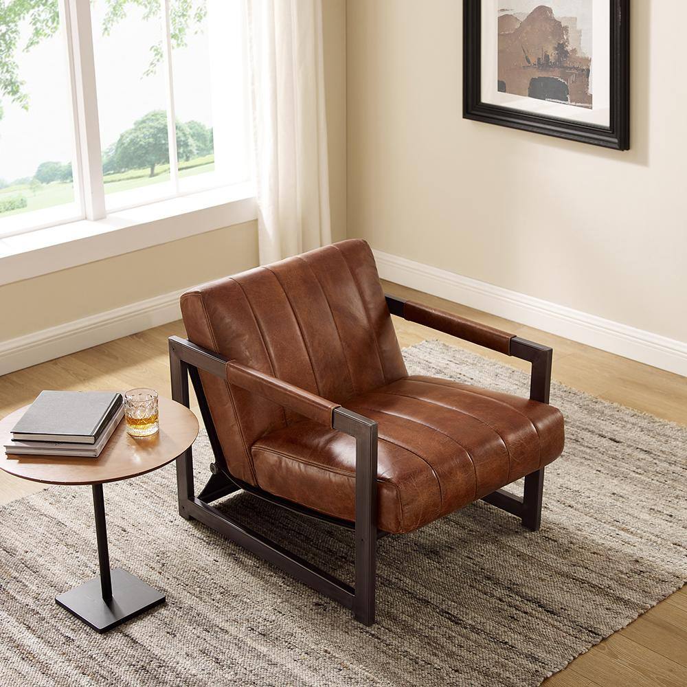 None Top Leather Cognac Genuine Leather Accent Arm Chair with Black Metal Frame