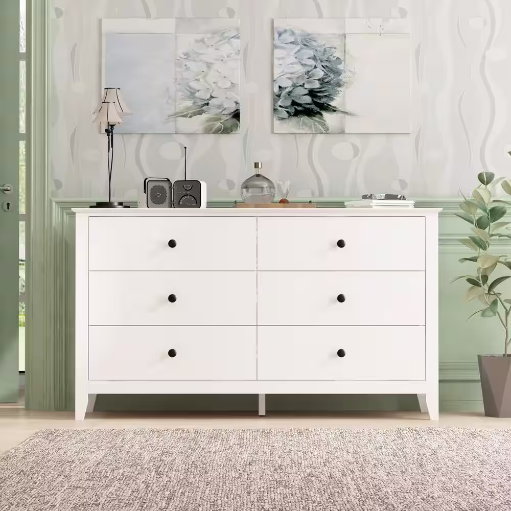 None White Wooden Dresser, Vanity, Cabinet with 6 Drawers and Eco-Friendly Paint Finish, 31.5 in. H x 55.1 in. W x 15.7 in. D