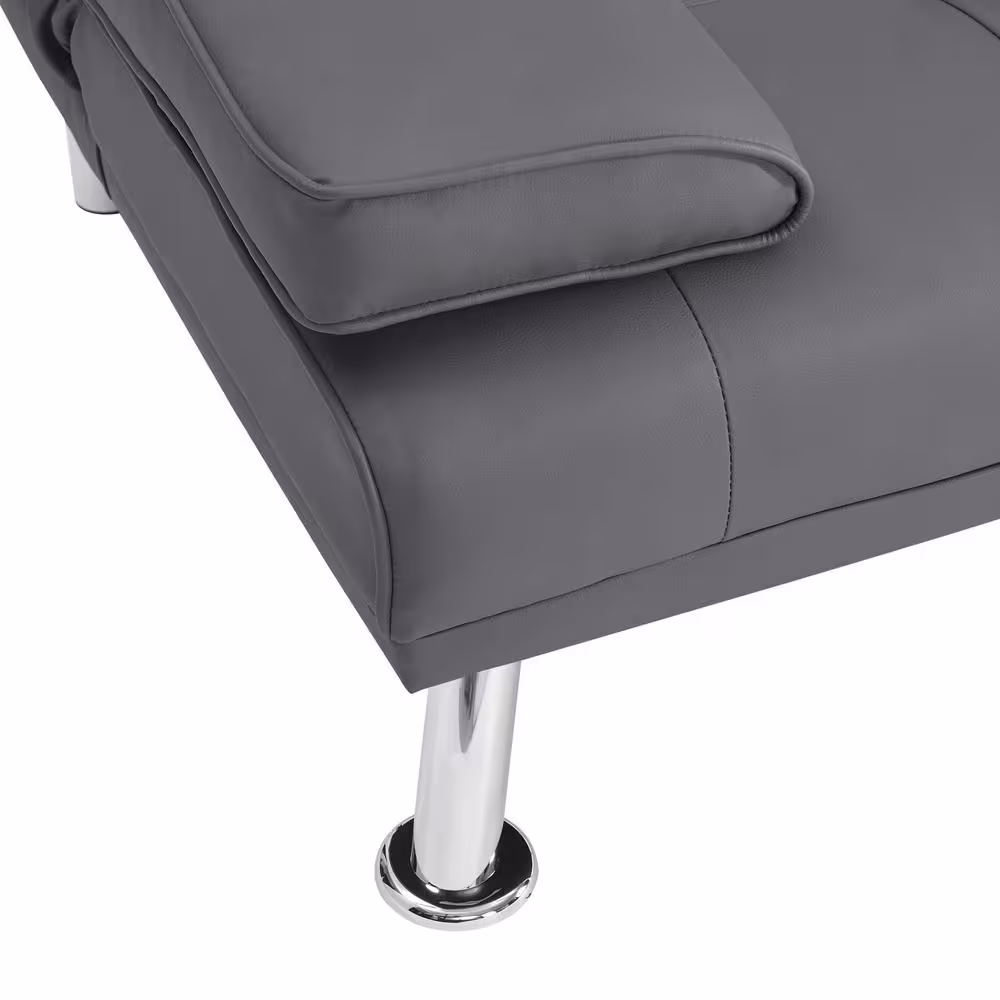 MAYKOOSH Gray, Futon Sofa Bed Faux Leather Futon Couch with Armrest and 2-Cupholders, Sofa Bed Couch Convertible with Metal Legs