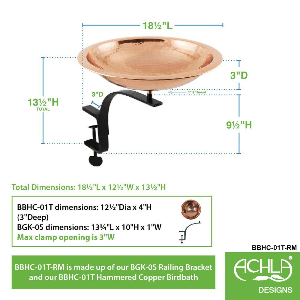 Achla Designs 12.5 in. W Polished Copper Plated Hammered Copper Birdbath with Rail Mount Bracket