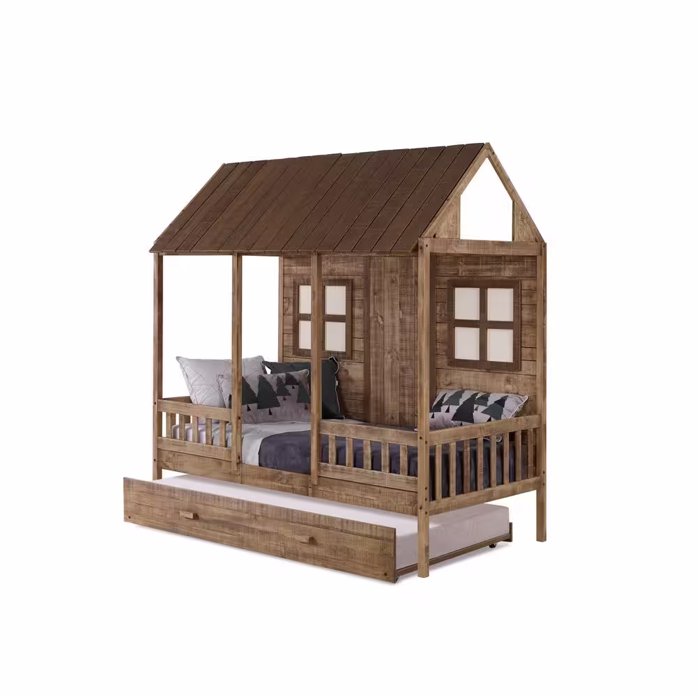 Donco Kids Front Porch Rustic Driftwood Twin Low Loft Bed with Twin Trundle Bed