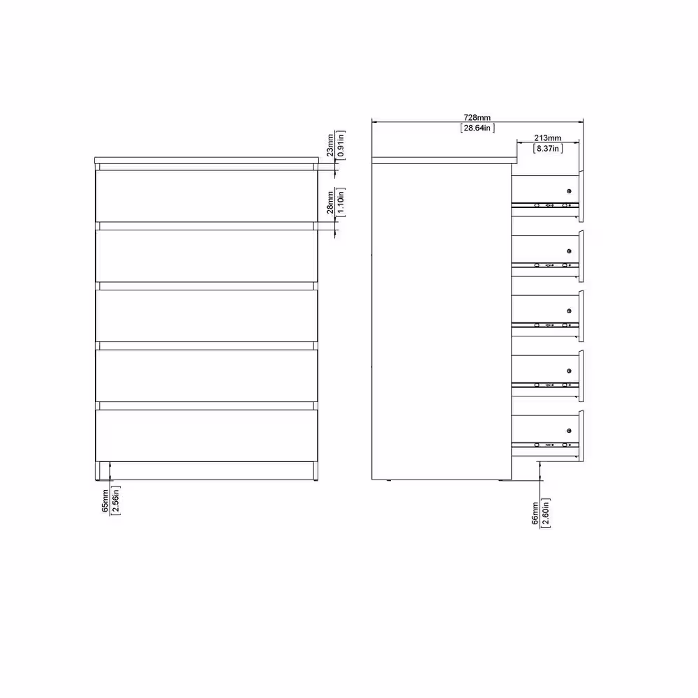 Tvilum Scottsdale 5-Drawer White High Gloss Chest of Drawers 43.82 in. H x 30.31 in. W x 19.69 in. D