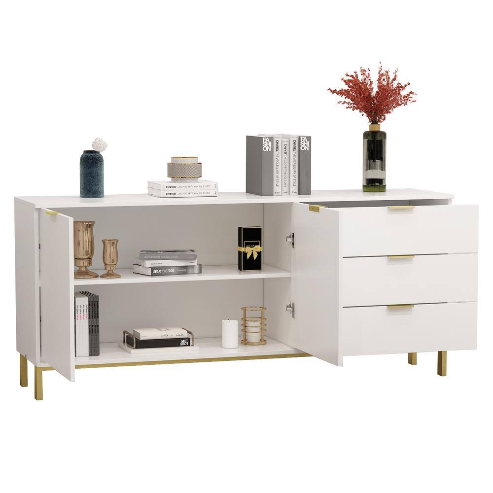 None 62.9 in. W White Paint Sideboard Kitchen Buffet Cupboard with Drawers and Shelves, Metal Legs