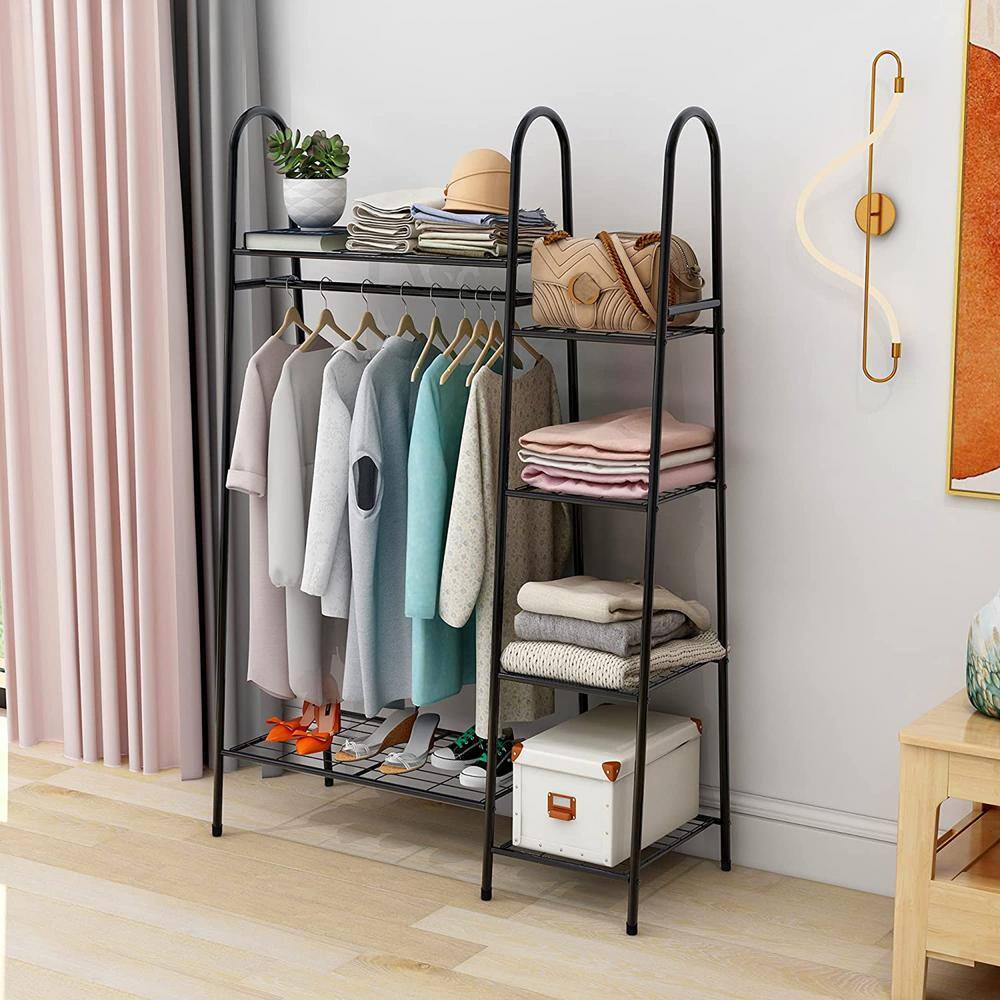 None Black Metal Garment Clothes Rack with 4 Tiers Shelves 37 in. W x 59 in. H