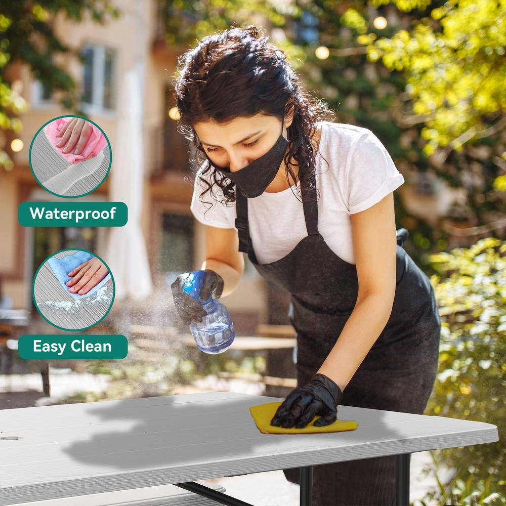 None 6 ft. White Rectangular HDPE Picnic Table and Bench with Umbrella Hole