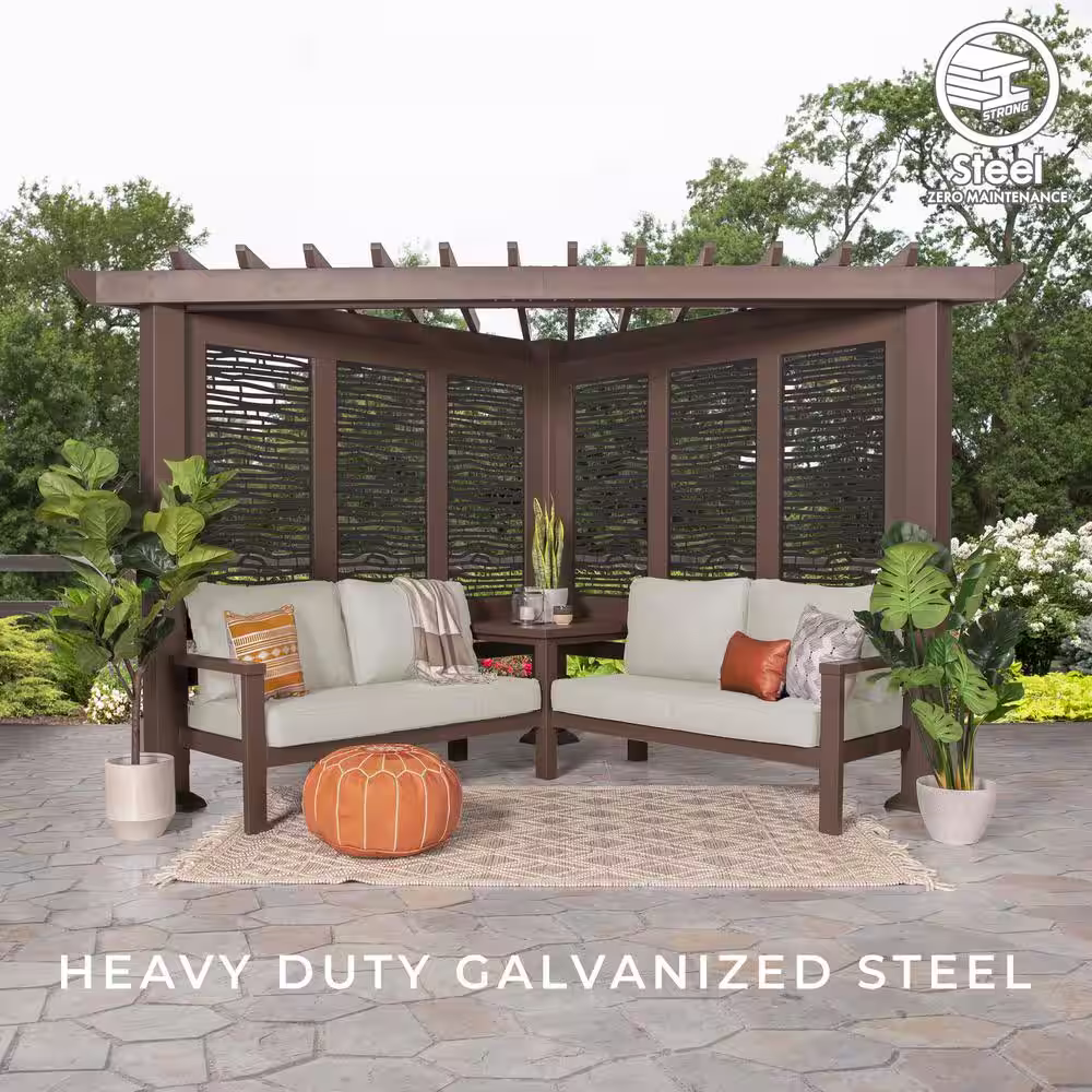 Backyard Discovery Hillsdale 8 ft. x 8 ft. Brown Steel Traditional Cabana Pergola with Conversation Seating in Pumice