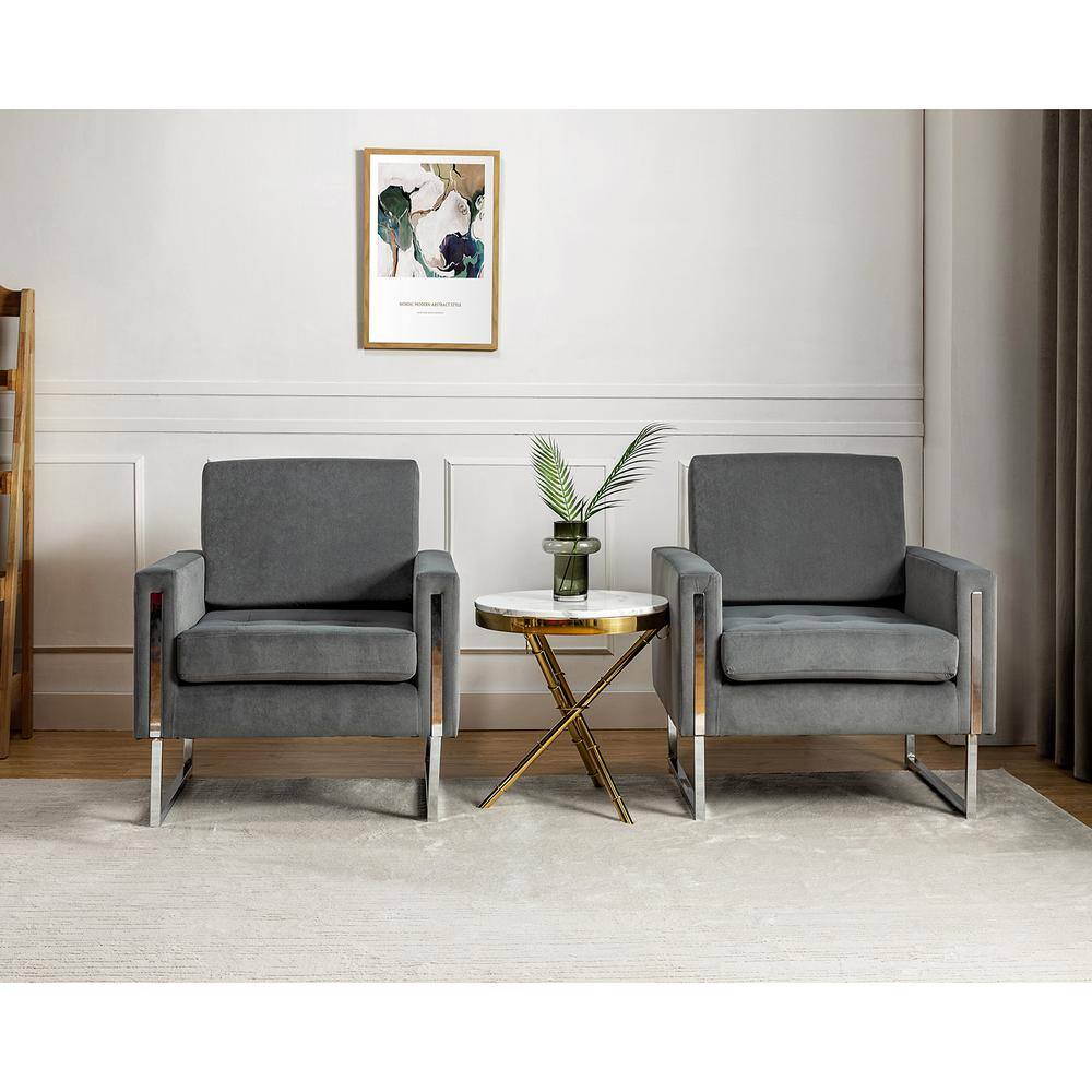 JAYDEN CREATION Dardanus Modern Grey Velvet Club Chair with Embedded Metal Armrests Set of 2