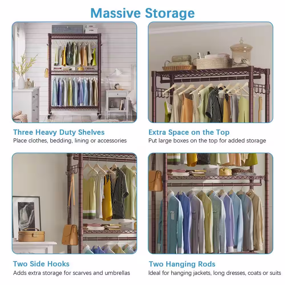 None Bronze Metal Garment Clothes Rack with Wheels 45 in. W x 80 in. H