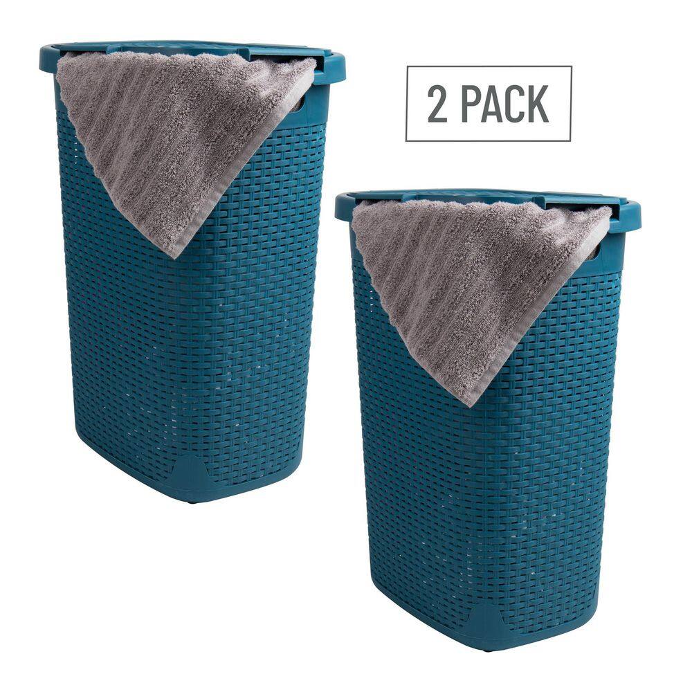 Mind Reader Basket Collection, Plastic Slim Laundry Hamper, 60 Liter (15kg/33lbs) Capacity, Attached Hinged Lid, Set of 2, Blue