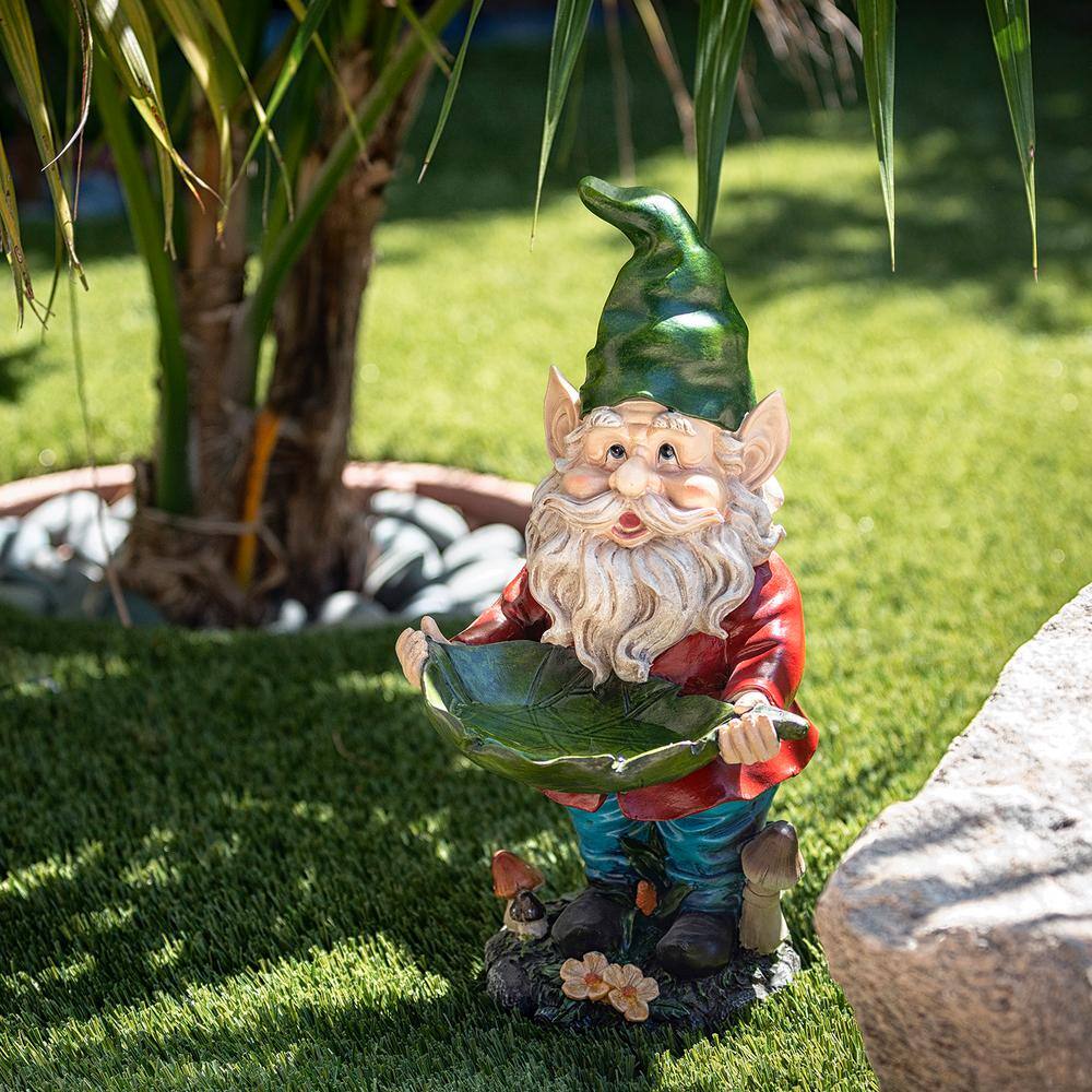 Alpine Corporation 16 in. Tall Outdoor Garden Gnome and Bird Feeder Yard Statue Decoration