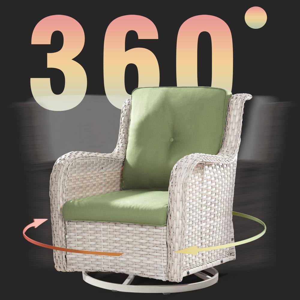 None 3-Piece Gray Wicker Patio Conversation Set Swivel Rocking Chair with Green Cushions and Table