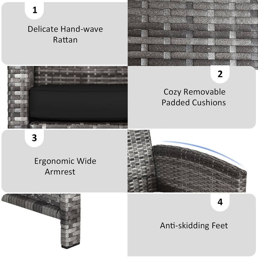 Costway 8-Piece Wicker Patio Conversation Set with Black Cushions and Glass Table