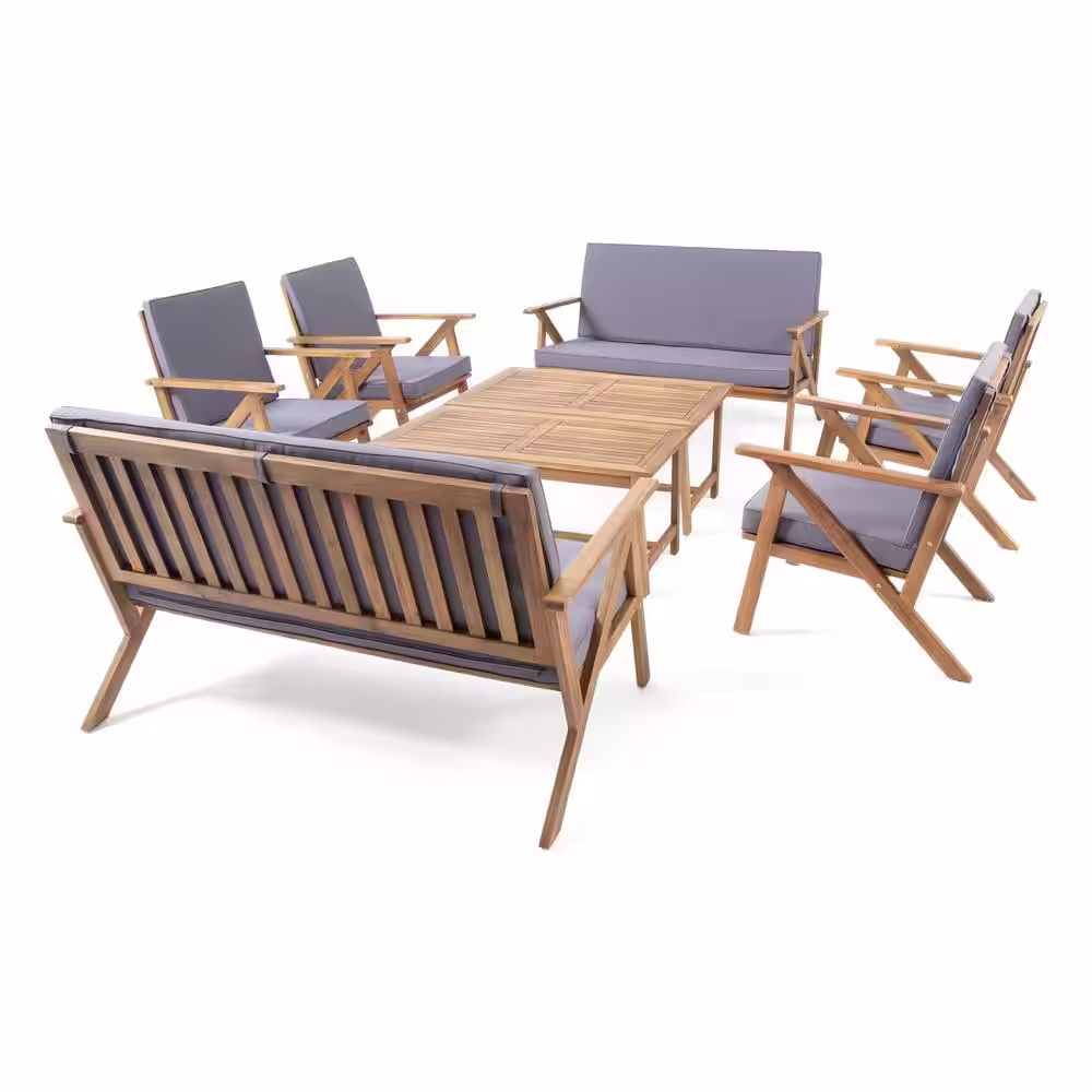 Noble House Panama Teak Brown 8-Piece Wood Patio Conversation Set with Dark Grey Cushions