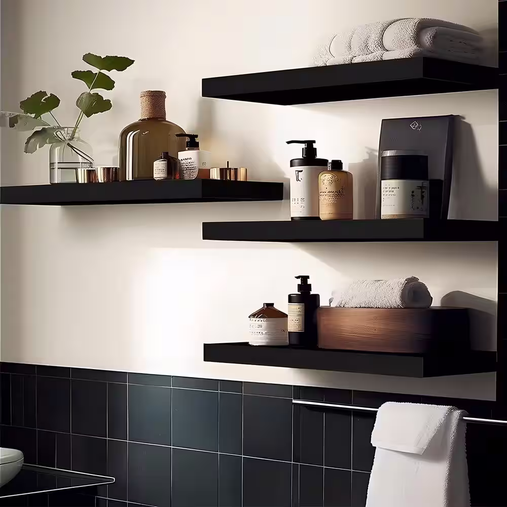 None 17 in. W x 6 in. D Black Floating Decorative Wall Shelf (Set of 4)