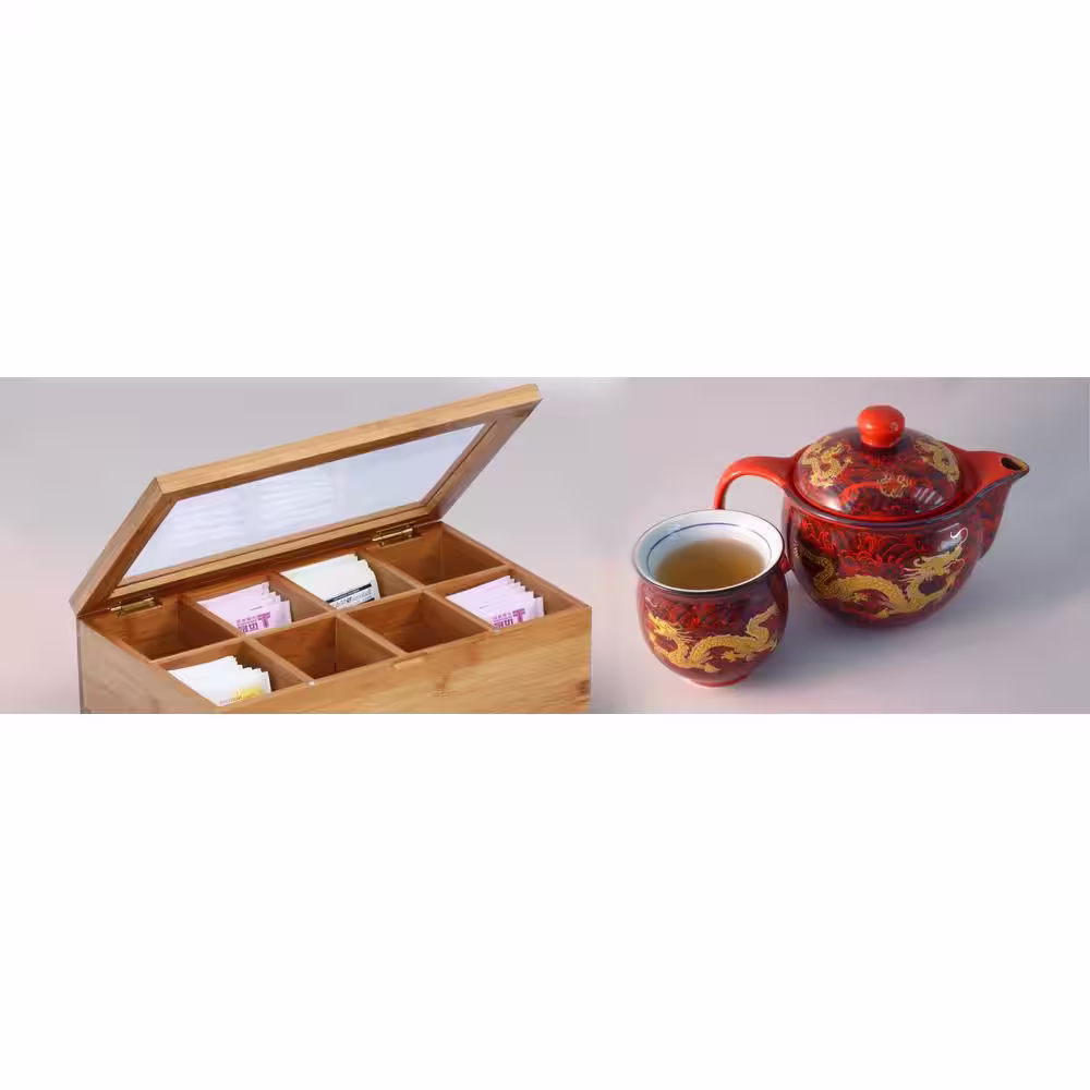 Oceanstar 8-Compartment Bamboo Tea Box with Hinged Lid
