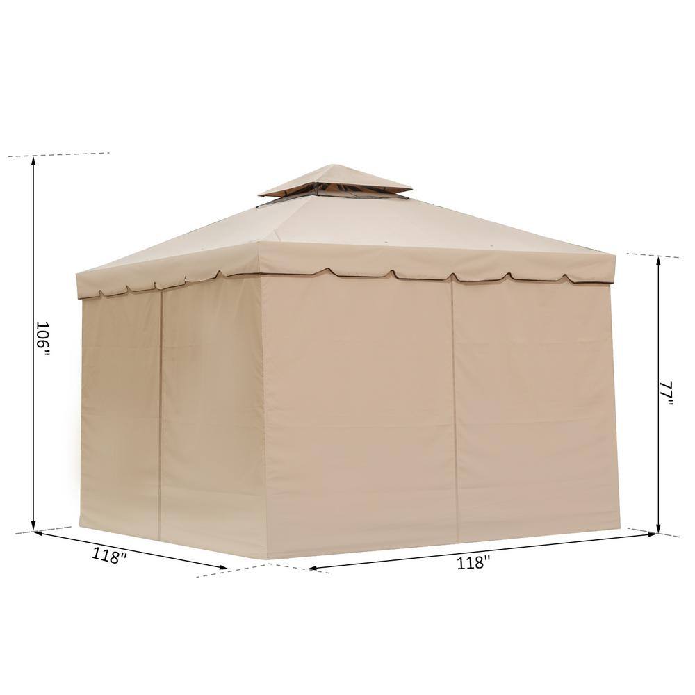 Outsunny 118 in. x 118 in. x 78 in. Steel Frame Patio Gazebo w/ Beautiful Polyester Curtains & Air Venting Netted Screens, Khaki