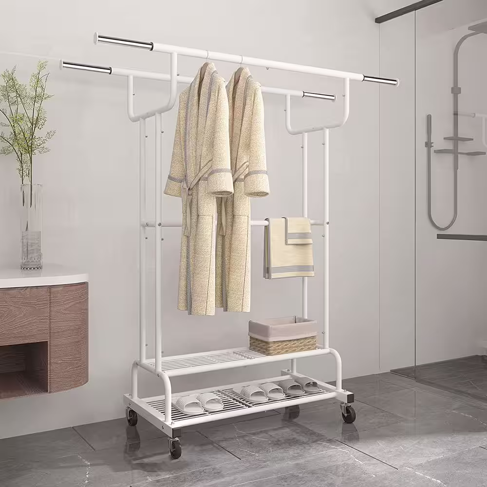 None White Metal Garment Clothes Rack With Double Rod 38 in. W x 62 in. H