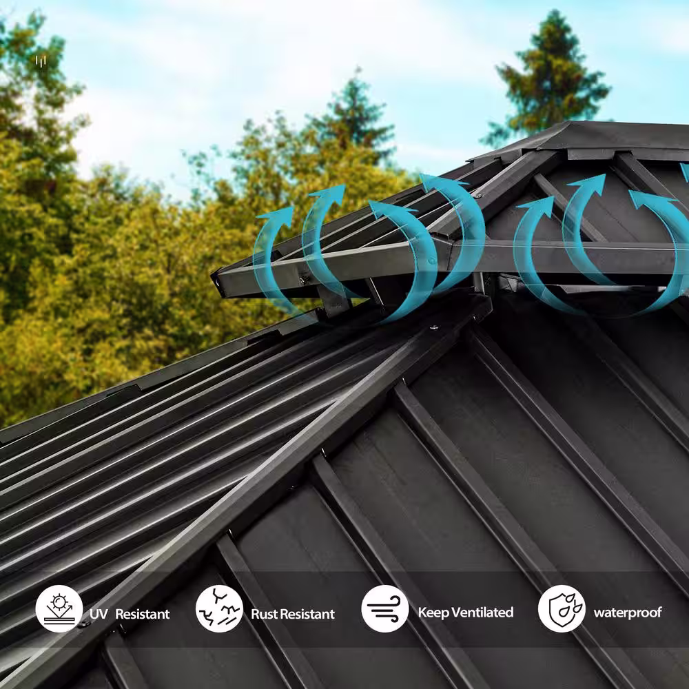 EGEIROSLIFE 12 ft. x 20 ft. Double Roof Hardtop Aluminum Patio Gazebo with Netting and Gray Curtains